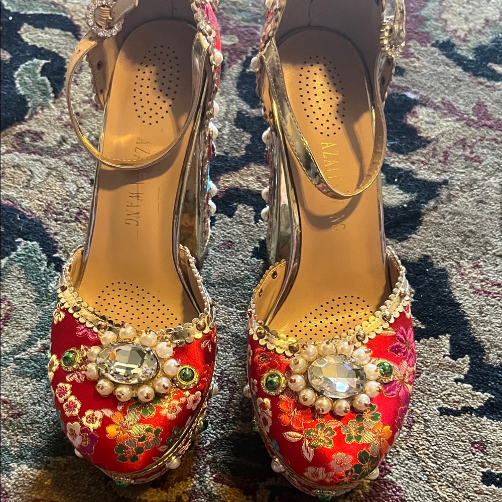 Elegant Red Floral Embellished Heels